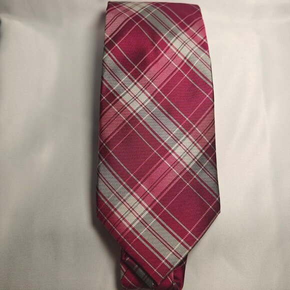 Express Gray, Red & Pink Stripe Plaid Check Textured Men's Neck Tie - Picture 1 of 4